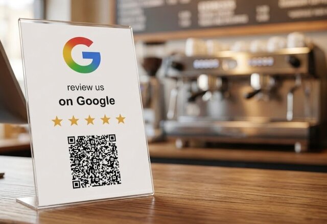 Google review QR code sign on a coffee shop counter