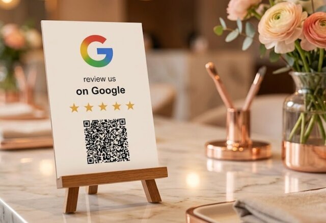 Google review QR code sign on a nail salon counter