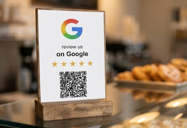 Google review QR code sign on a bar counter